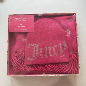 Juicy Couture Hot Pink Keep It Juicy Bling Rhinestones Cute Beanie Scarf Set NIB - Picture 1 of 4