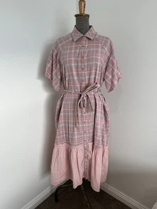 La Boheme Girls Pink Linen Cotton Check Tartan Midi Dress Modest Cottagecore M L - Picture 1 of 21