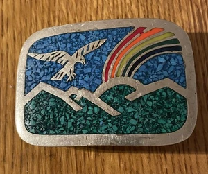Vintage Eagle Mountain Regenbogen Silber Gürtelschnalle Türkis Mexiko - Bild 1 von 6