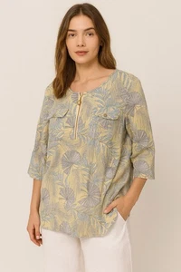 Cathy 100% Linen Yellow /blue Tropical Leaf Print Blouse Size XL - Picture 1 of 10
