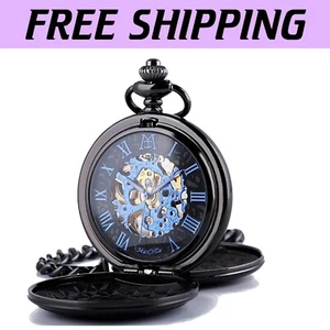 Vintage Roman Numeral Pocket Watch with Quality Cowboy Chain - Timeless Style - Picture 1 of 9