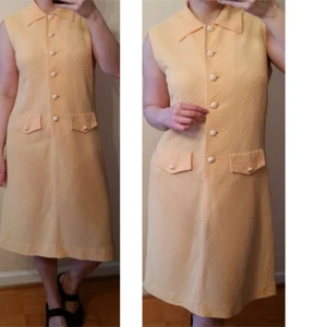 Vintage pastel butter yellow leather button 60's mod dress M/L 8 10 Sleeveless - Picture 1 of 7