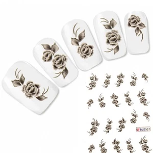 Tattoo Flower Nail Art Aufkleber Schwarz Weiß Rose Blume Nagel Sticker Neu! - Picture 1 of 1