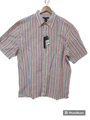 Sz L NWT $42 DOMANI Platinum Linen/Cotton Short Sleeve Shirt Men Striped - Image 1 of 4