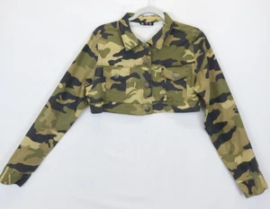 Camouflage Cropped Jacket Button Up Long Sleeve Junior 5 Olive Camo Y2K 5-7-9 - Picture 1 of 12