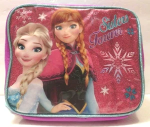 Disney Frozen Elsa Ana Lunch Box Bag Pail "Sisters Forever" Pink Glitter Zip - Picture 1 of 10