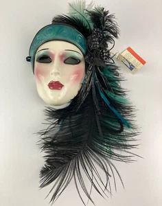 Vintage 1990 Jenny McLain Deko Ton Kunst Gesicht Feder Wandmaske über Gesichtslinie. - Bild 1 von 10