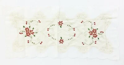 Embroidered Linen Organza Christmas Table Runner Poinsettias Holly 34" X 16" - Image 1 of 4
