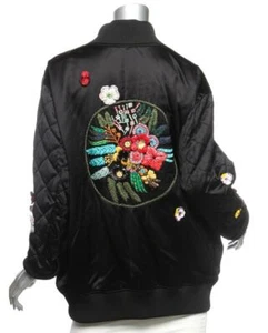 FENDI Womens Black Satin Floral Embellished Bomber Oversized Jacket NEW IT44 US8 - Picture 1 of 7