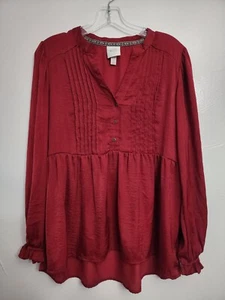 Knox Rose Boho Pleated Pullover Tunic Peasany Top Maroon Size Small - Picture 1 of 5