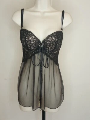 Babydoll Victoria’s Secret de encaje de malla negra para mujer talla 34D con volantes usado en excelente estado Foto 1 de 4