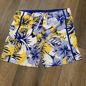 Miller Lite Swim Trunks Shorts Drawstring Logo Men's 40 Blue Yellow Floral - Picture 1 of 7