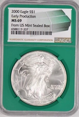 2000 Silver Eagle EARLY PRODUCTION NGC MS 69 MS69 From US Mint Sealed Box S$1 - Image 1 of 2