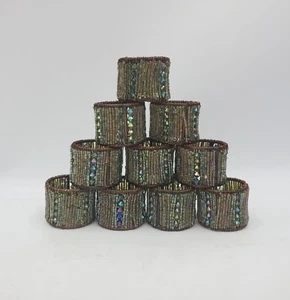 Set of 10 Pier 1 Beaded Wire Napkin Rings Green Brown Round Iridescent Rare - Picture 1 of 5