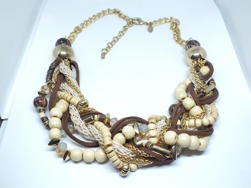 OFF WHITE Bellissima Collana Tono Oro Marrone Off White Perline 18 21" Lg Firmata Laura Ashley