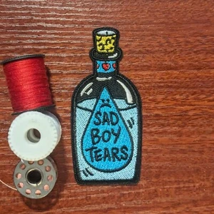 Sad Boy Tears Emo Patch Memes Phrases Goth Punk Embroidered Iron On 3.25x1.5" - Picture 1 of 3