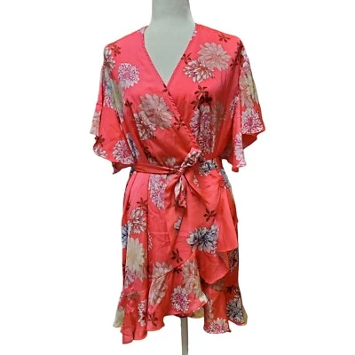 NWT BB Dakota Women's Kristen Floral Mini Wrap Dress Size M Bright Pink Ruffle - Imagem 1 de 4