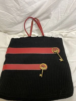 ROGER VAN S Vintage Black Woven Fabric Red Metal Key Bag Handbag Purse Flaws - Image 1 of 4