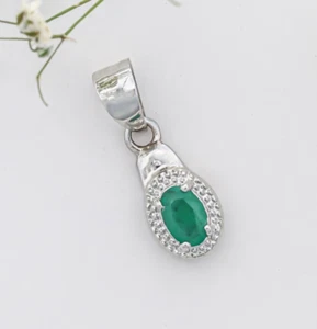 Ciondolo In Argento Sterling 925 Minimalista Boho Con Pietra Di Smeraldo - Foto 1 di 5