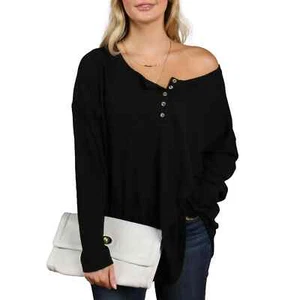 Maglione Doublju Waffle maglia manica lunga Henley tg. Top/maglione L CWTTL450 - Foto 1 di 14