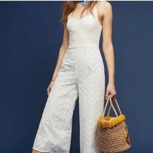 NEW Anthropologie ett:twa Alice Eyelet Cropped Jumpsuit in White Womens Size 10 - Picture 1 of 17