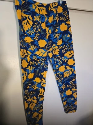 LuLaRoe Tall and Curvy Leggings Blue and Yellow Floral Buttery Soft EUC - Image 1 of 4