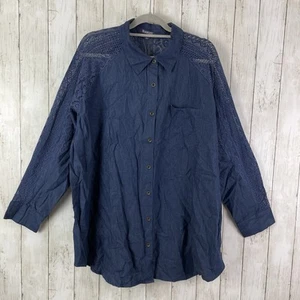 Roaman's Tunic Top 22W Chambray Denim Crochet Lace Inserts Long Sleeve NWOT - Picture 1 of 8