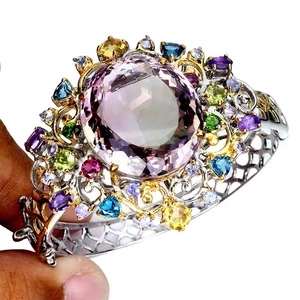 925 Sterling Silver Bangle Oval Ametrine 59 Ct Citrine Handmade Gem 6.4 In Rare - Picture 1 of 13