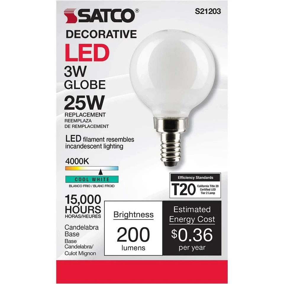 SATCO S21203 3 Watt G16.5 LED Candelabra Light Bulb - 4000K 120 Volts (6 Pack) - Image 1 of 1