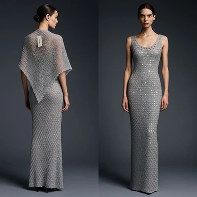 Mujer Mano Crochet Lentejuelas Brillante Vestido Mantón Plateado S Formal Elegante DiscoLuxe Foto 1 de 4