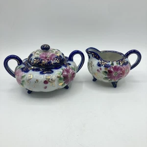 Antique Nippon Flow Blue Floral Creamer & Lidded Sugar Bowl Set Melon Gold Gilt - Picture 1 of 24
