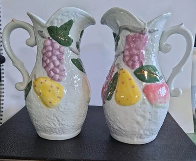 A Pair Of Raised Fruit Patterned Chinaware Jugs (With Slight Damage) - Image 1 of 4