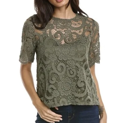 Nanette Lepore 橄榄短袖蕾丝幻觉领带蝴蝶结上衣 XL 码 — 第 1/4 张图片