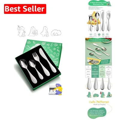 Adorable juego de cubiertos dinosaurios para niños - 4 piezas de utensilios de acero inoxidable Foto 1 de 4