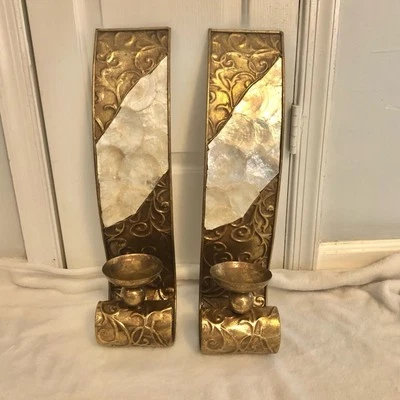 复古 Capiz 壁灯一对重量轻易悬挂黄铜烛台 — 第 1/4 张图片