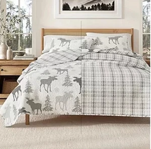 Set Trapunta King Rustica Reversibile Grigio e Bianco Alce e Alberi Reversibile - Foto 1 di 5