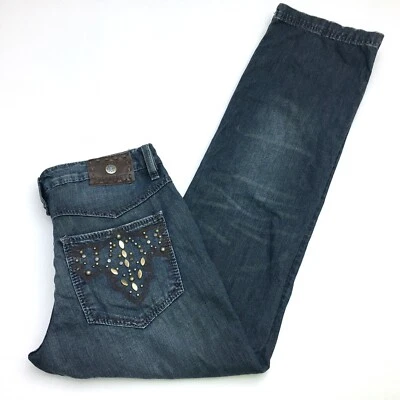 Pantalones de mezclilla antiguos para hombre oscurecimiento ligero corte bota botón mosca tachuelas bolsillos 33x34 Foto 1 de 4