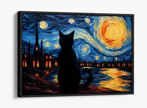 VAN GOGH STARRY NIGHT WITH BLACK CAT -FLOAT EFFECT FRAMED CANVAS WALL ART PRINT - Picture 1 of 12