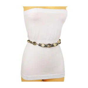 Cintura Bling In Metallo Argento Con Perline A Vita Alta Hip Grigia Crema S M - Foto 1 di 24