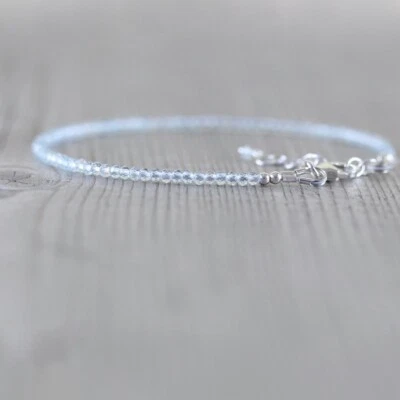 AA+++ delicadas contas redondas facetadas de água-marinha pulseiras feitas à mão 6-8"" - Imagem 1 de 4