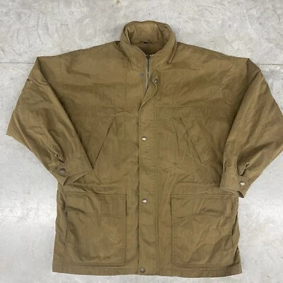 Abrigo de campo de cuero largo forrado de franela a cuadros Orvis chaqueta de granero para hombre L Foto 1 de 4