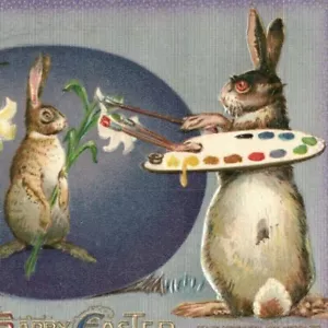 c.1910 Happy Easter Postcard Anthropomorphic Bunny Artist Painting on Egg Lily - Imagen 1 de 3