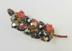 Vintage JULIANA D&E Orange &Topaz Rhinestone Dangle Bead Leaf Brooch Gold Tone - Picture 1 of 8