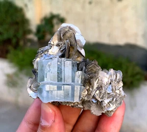 Natural Sky Blue Color Aquamarine Crystal on Muscovite Mica Specimen - 96 gram - Picture 1 of 8