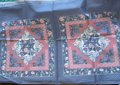 Fabric Panel 4 Pillow Fronts Pink Roses Green Leaves Dusty Blue Cotton Vintage - Image 1 of 2