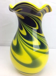 Vintage Eastern Hand Blown Glass Art Vase Retro Blue Yellow Swirl - Picture 1 of 9