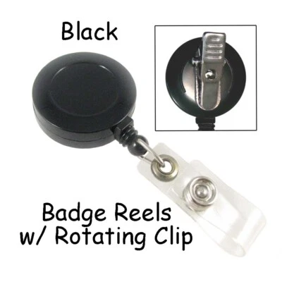 Black ID Badge Reels Lanyard - Retractable w/ Rotating Clip & Plastic Strap - Image 1 of 2