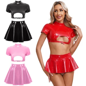 UK Women PVC Leather Outfits 2 Piece Cut Out Crop Top with Flared Mini Skirts - Picture 1 of 36