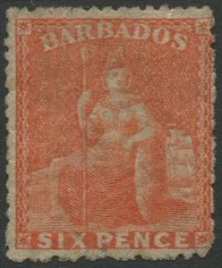 Barbados Stamps 1871 6dOrange Vermillion SG50 Sm/Star RoughP Good Mint Cat £700 - Picture 1 of 2