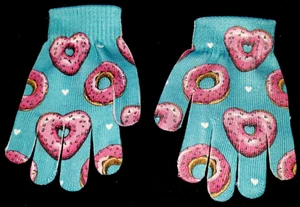 girls ONE SIZE blue WINTER STRETCH GLOVES pink DONUTS NEW NWOT hearts CUTE! - Picture 1 of 1